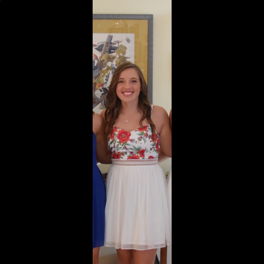 White floral homecoming dress from Dillard’s